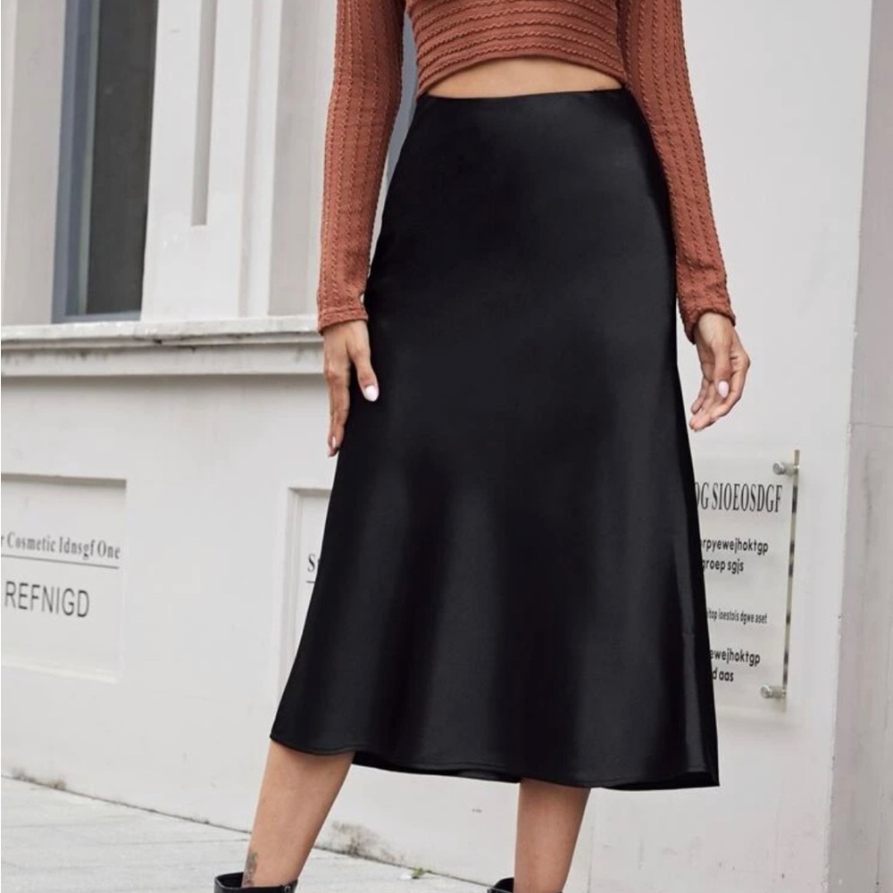 Black Satin Midi Skirt